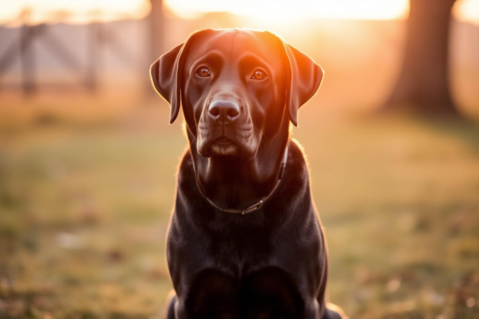 Labrador Retriever chocolate de raza pura al atardecer